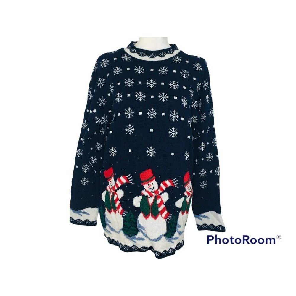 Nutcracker Women's Ugly Cristmas Sweater Sz Medium Blue Snowman USA Made Vtg 90s